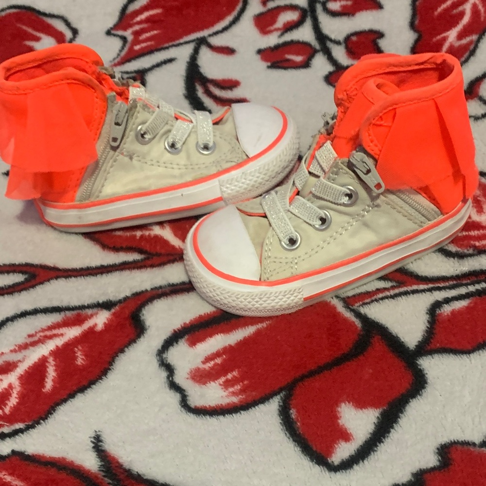 NWOT Converse Kids High-Top Sneakers in Cream with Neon Orange Accents